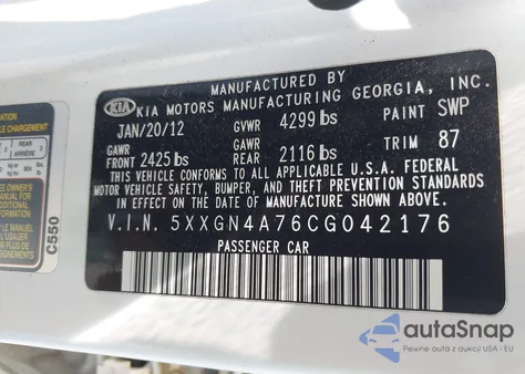 2012 Kia Optima Ex из США, поврежденный, VIN 5XXGN4A76CG042176